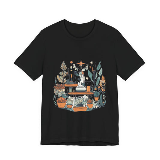 Black T-shirt featuring Cultist Simulator-inspired occult illustration with plants, potion bottles and mystical artifacts.